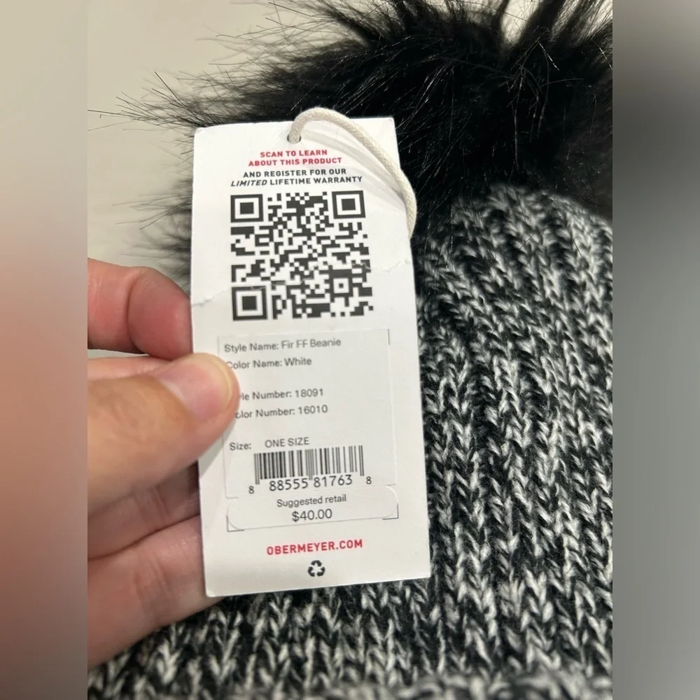 Obermeyer Women's Fir FF Beanie Black White Hat Pom Pom NWT